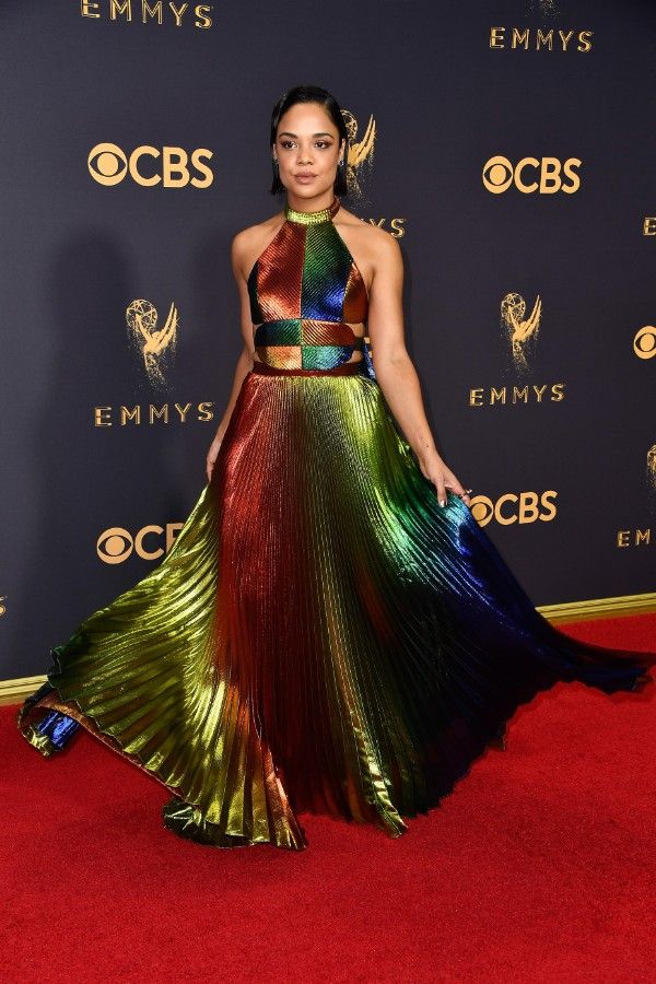 Red Carpet Style Of Tessa Thompson Wearing Colourful Gown